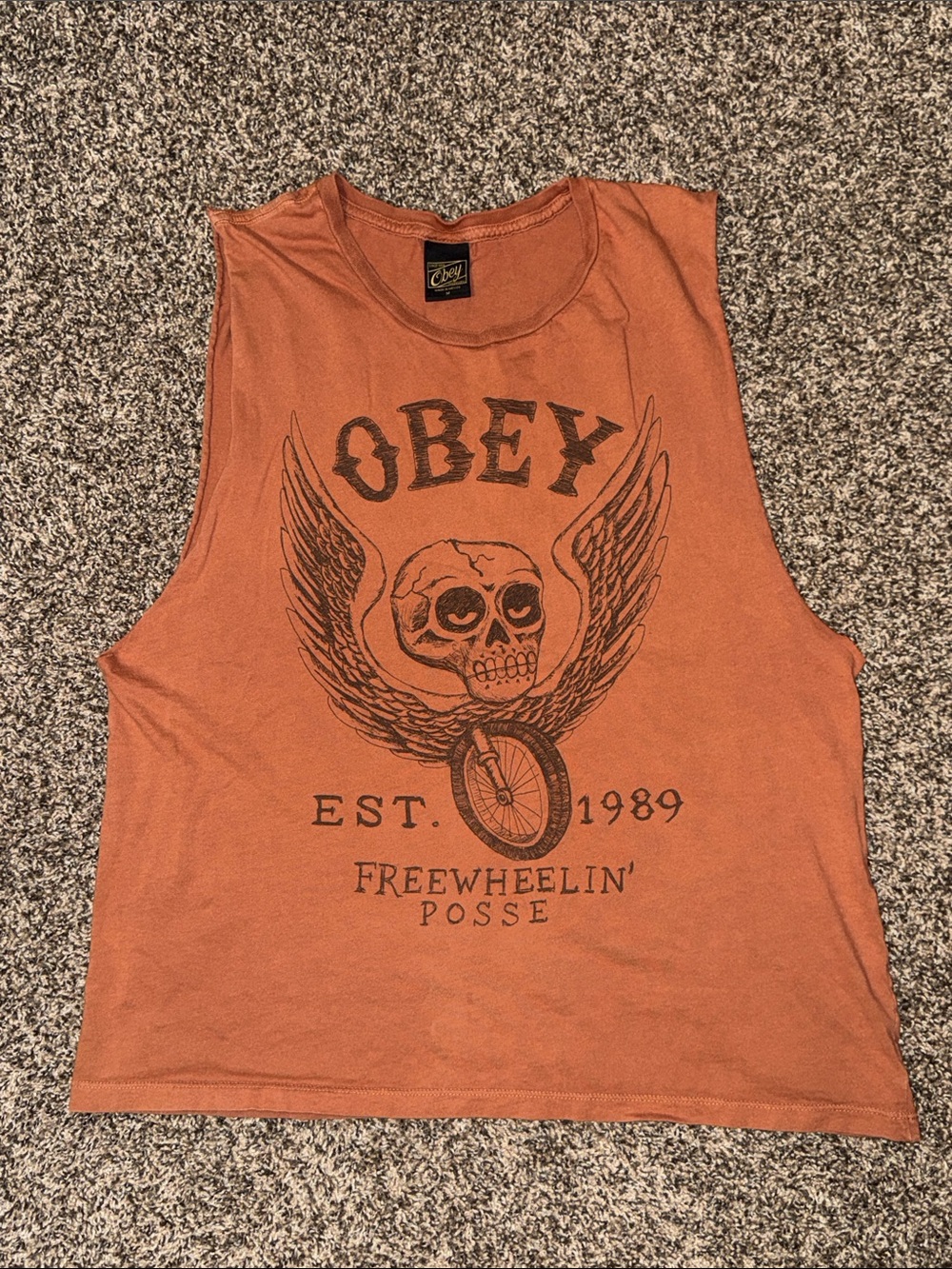 Obey Rust Orange Graphic Muscle Tee - Winged Skull Medium